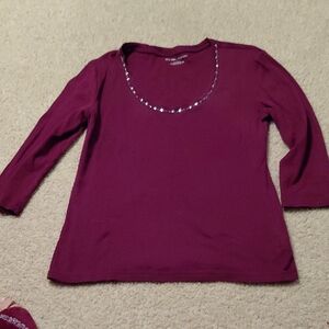 New York & Company Deep Purple Blouse with Embellished Neckline